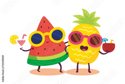 Cute and funny pineapple and watermelon cartoon vector illustration 
