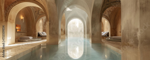 The transitional space of a Turkish hammam, capturing the passage from the warm to the refreshing cool area, featuring characteristic archways and a s photo