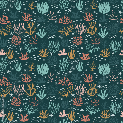 Red, pink and mint corals with seaweeds and starfishes . Vector seamless drawing with a tropical reef. Marine scribbles.