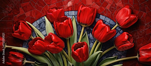 Red tulips in a vase on a mosaic covered table photo