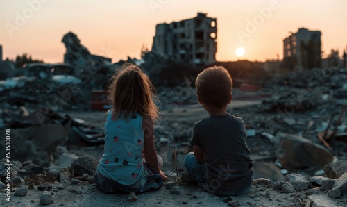 Backview on two 5 year ord children kids boy and girl sitting at dawn on ruins of the city destructed or demolished by war or earthquake © Wendy2001