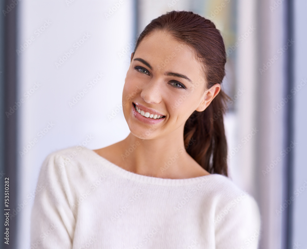 Portrait, smile and woman with confidence in home to relax on casual weekend in Canada. Comfort, pride and happy girl in living room with peace, calm and carefree positive attitude with wellness Portrait, smile and woman with confidence in home to relax on casual weekend in Canada. Comfort, pride and happy girl in living room with peace, calm and carefree positive attitude with wellness