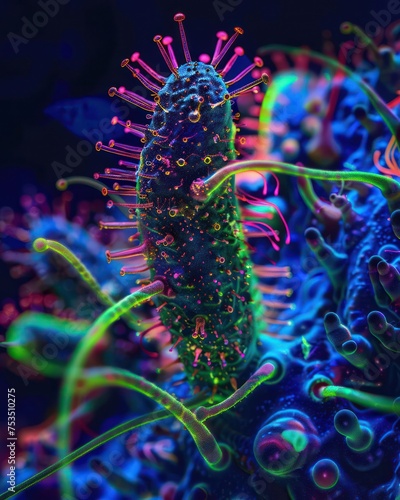Details of bacteria captured with a laser-scanning microscope, glowing and colorful photo