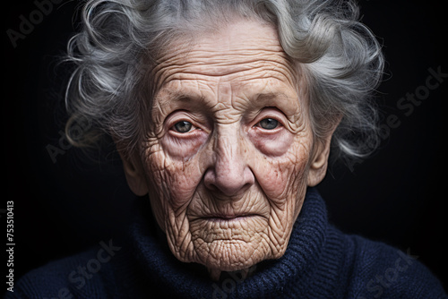Wrinkled face of sad very old woman on dark background