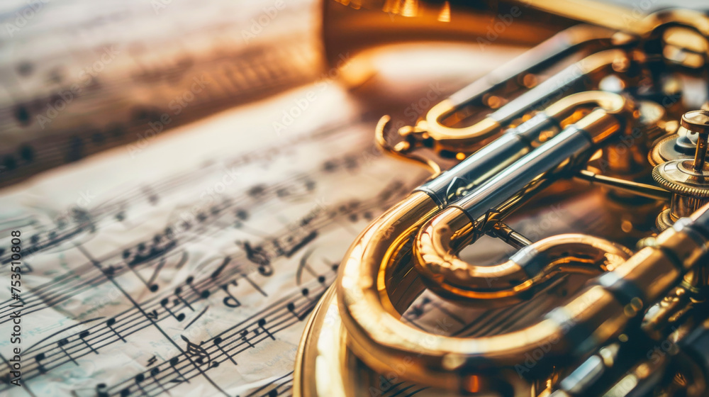 Fototapeta premium Closeup of a french horn over music sheets. Classical music concept.