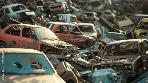 Graveyard of rusting cars piled under a hazy sky.