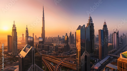 Sunset silhouette of Dubai's skyline with iconic skyscrapers. © VK Studio