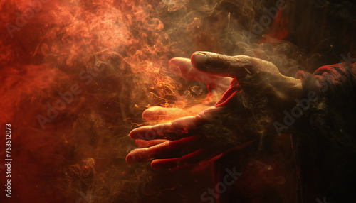 Recreation of open hands of a ancient man with smoke around