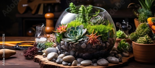Glass Round Vase With Succulents Stones Moss and Tools on Wooden Table photo