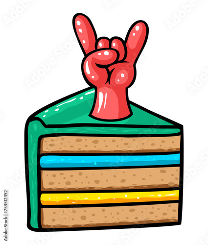 Cartoon style piece of cake with a rock, heavy metal sign, vector illustration. Isolated on white background.