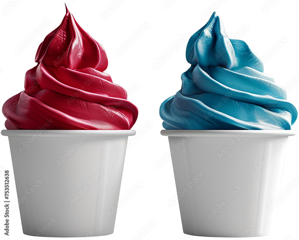 Red blue ice cream in white paper cups isolated cutout on transparent background. 4th of July USA Independence Day. Mockup advertisement. product presentation. - obrazy, fototapety, plakaty 