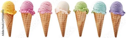 colourful pastel ice cream cone isolated cutout on transparent background. Mockup advertisement. product presentation.