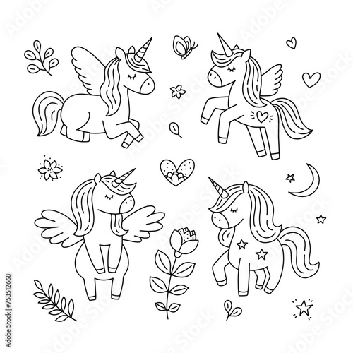 Cute unicorn clipart. Hand drawn unicorns on white background. Doodle unicorns vector illustrations
