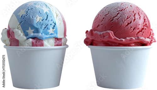 Red white blue ice cream in white paper cups american flag pattern isolated cutout on transparent background. 4th of July USA Independence Day. Mockup advertisement. product presentation.