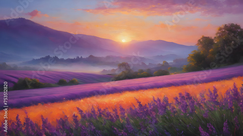 In the center of the card is a large, blooming lavender flower with purple petals reaching the top edge of the card. The flower glows gently and creates a peaceful atmosphere around it. The sunrise ca