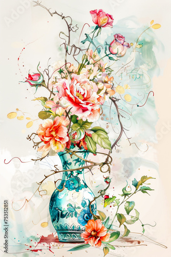 Flowers and vase, illustration for as a background.