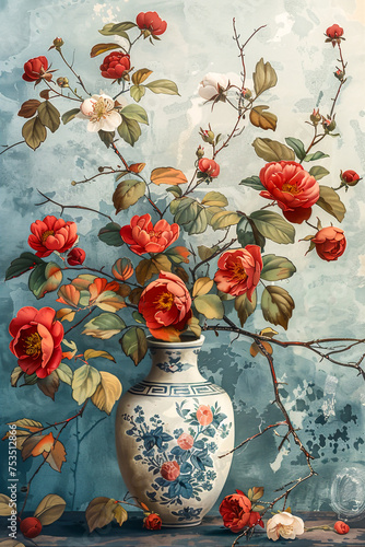 Illustration of flowers and vase on an old, faded color backdrop.