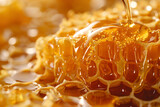 Honeycomb with flowing honey close up detail texture background. Pointing to skincare and cosmetics.