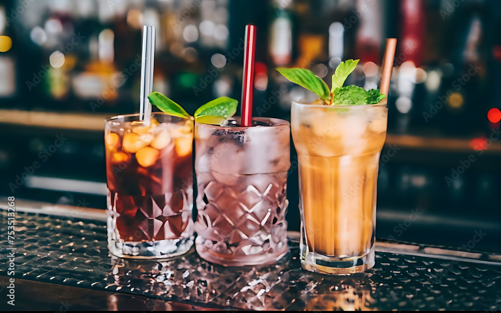 Alcoholic cocktails on the bar counter in the pub or restaurant Alcoholic cocktails on the bar counter in the pub or restaurant