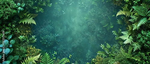 A lush border of ferns and moss, surrounding a clear, glassy pond reflection on a deep, forest green background.
