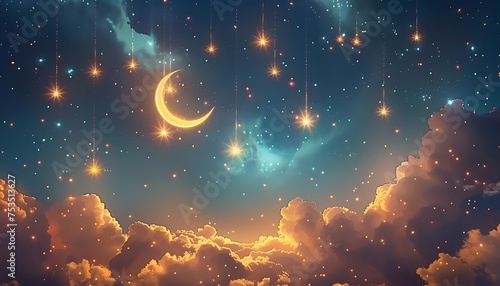 the beautiful view of the moon and stars in the sky, the beauty of Ramadan shines through.