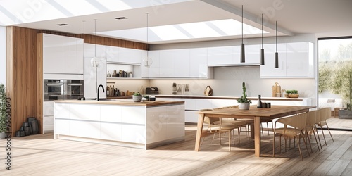Modern white kitchen with ethnic wood design, portrayed in .