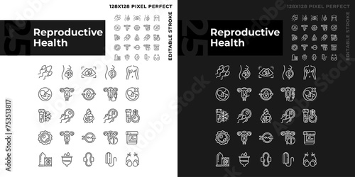 Reproductive health linear icons set for dark, light mode. Artificial pregnancy, childcare. Pregnancy prevention. Thin line symbols for night, day theme. Isolated illustrations. Editable stroke