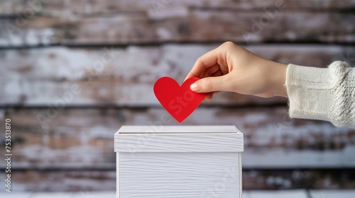 Female hand put red paper heart into slot of white donation box. Charity, donation, election, fundraising, help, love, gratitude concept