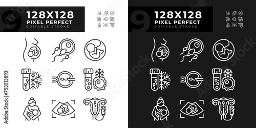 Artificial insemination linear icons set for dark, light mode. Genetic material collecting. Dna freezing. Child care. Thin line symbols for night, day theme. Isolated illustrations. Editable stroke