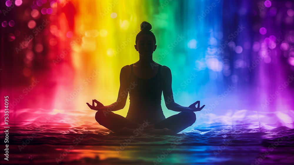 Silhouette of a person meditating with a colorful rainbow light background and bokeh effects