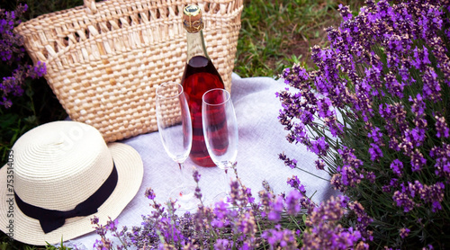 two glasses and pink wine in a lavender field. Violet flowers on the background
