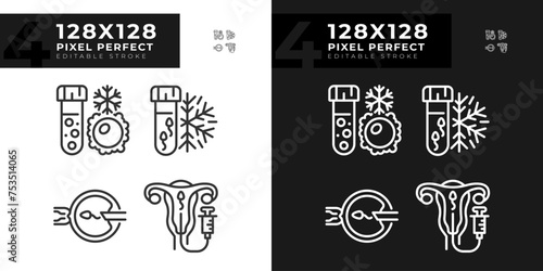 Genetic material freezing linear icons set for dark, light mode. Artificial insemination. Sperm, ovul cryopreservation. Thin line symbols for night, day theme. Isolated illustrations. Editable stroke