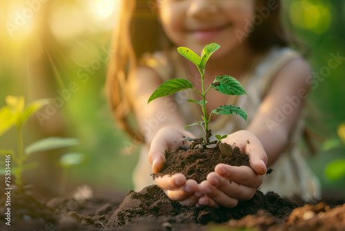 Girl’s small hands holding fertile earth, new plant sprouting, with child's radiant smile as blurred background, concept of new beginnings, nurturing nature, environmental awareness © angyim