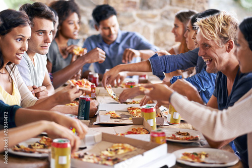 Group  friends and party with pizza  celebration and diversity for joy or fun with youth. Men  women and fast food with drink  social gathering and snack for lunch or eating at italian pizzeria