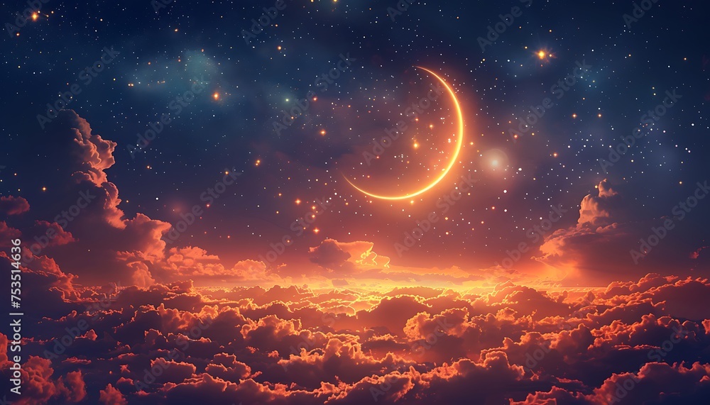 Fototapeta premium the beautiful view of the moon and stars in the sky, the beauty of Ramadan shines through.