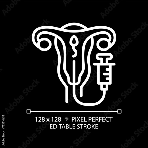 Intrauterine insemination white linear icon for dark theme. Artificial impregnation. Reproductive technologies. Thin line illustration. Isolated symbol for night mode. Editable stroke