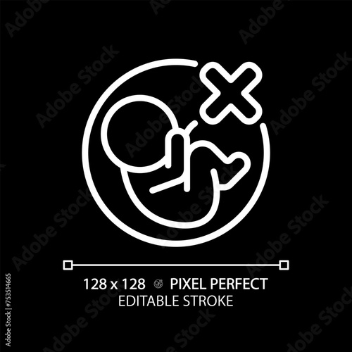 Abortion white linear icon for dark theme. Pregnancy miscarriage, infant loss. Birth control, womb baby. Reproductive health. Thin line illustration. Isolated symbol for night mode. Editable stroke