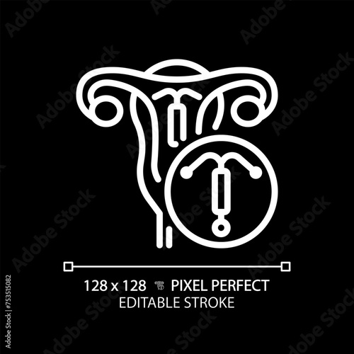 Intrauterine device white linear icon for dark theme. Pregnancy prevention, birth control implant. Reproductive health. Thin line illustration. Isolated symbol for night mode. Editable stroke