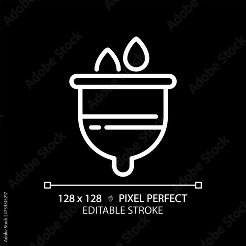 Menstrual cup white linear icon for dark theme. Feminine hygiene product. Medicinal silicone. Intrauterine device. Thin line illustration. Isolated symbol for night mode. Editable stroke