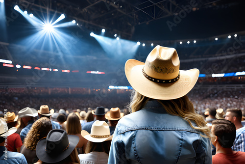 Back view of a young american woman fan of country music attending a country music concert wearing a cowboy hat