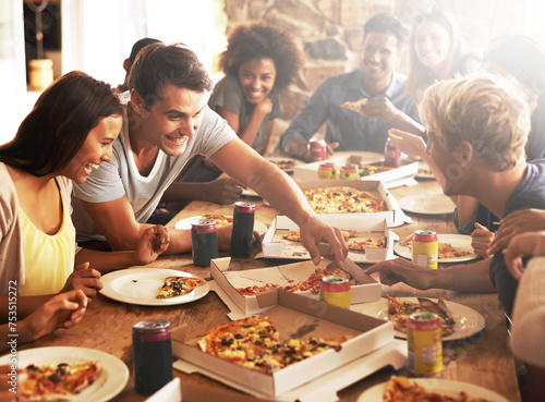 Group, friends and party with fast food, celebration and diversity for joy or fun with youth. Men, Women and pizza with drink, social gathering and snack for lunch or eating at italian pizzeria