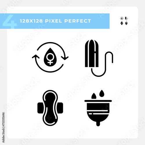Menstrual hygiene products black glyph icons set on white space. Period cycle, ovulation. Reproduction system care. Silhouette symbols. Solid pictogram pack. Vector isolated illustration