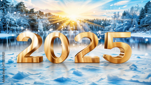 Golden 3D text "2025" against a snowy landscape with the rising sun for New Year.