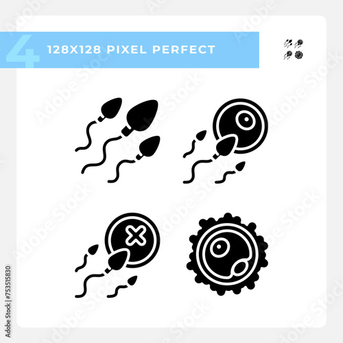 Fertility black glyph icons set on white space. Ovul insemination, sperm egg infertility. Human fecundacion, reproduction system. Silhouette symbols. Solid pictogram pack. Vector isolated illustration