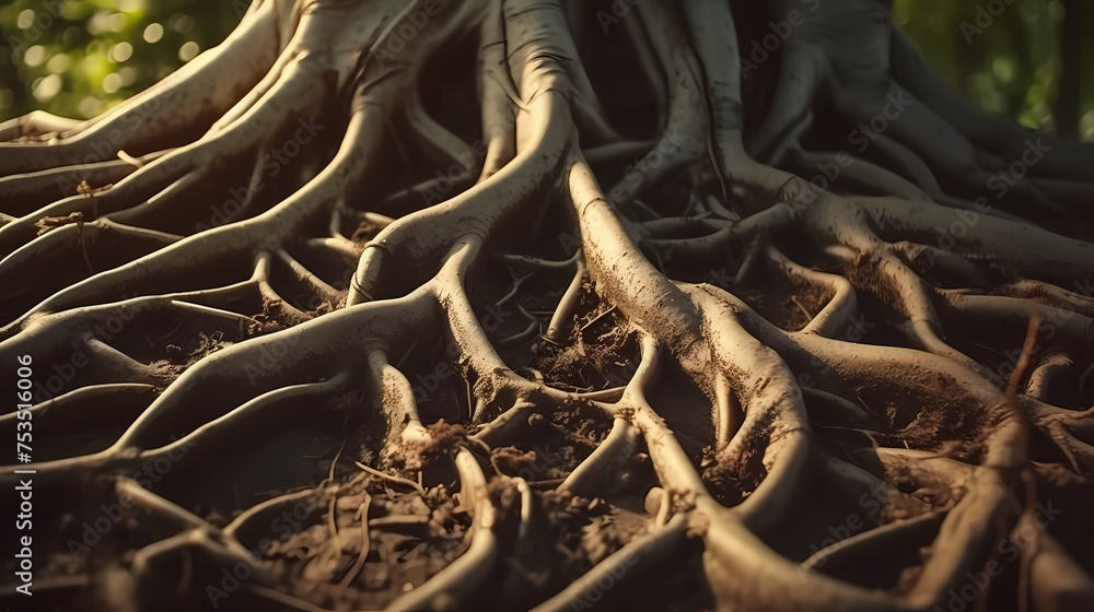 Root system of a tree growing underground, soil cross section