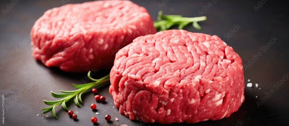 Two Raw Beef Patties Ready for Grilling on a Sleek Black Surface Two Raw Beef Patties Ready for Grilling on a Sleek Black Surface