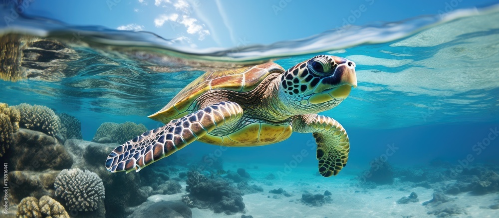 Fototapeta premium Serene Turtle Gliding Through Aquamarine Waters amidst Coral Reef Wonders