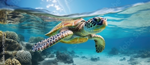 Serene Turtle Gliding Through Aquamarine Waters amidst Coral Reef Wonders © vxnaghiyev