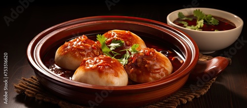 Delicious bowl of food with savory dipping sauce ready to enjoy - Asian cuisine concept