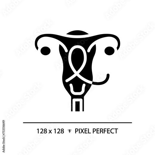 Gynecologic cancer black glyph icon. Female reproductive system disease. Woman oncology, illness. Menstrual health. Silhouette symbol on white space. Solid pictogram. Vector isolated illustration